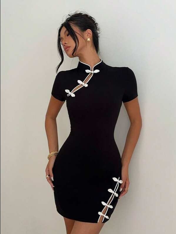 Mandarin Collar Frog-Button Bodycon Mini Dress — Black Knit Short Sleeve product image (3)