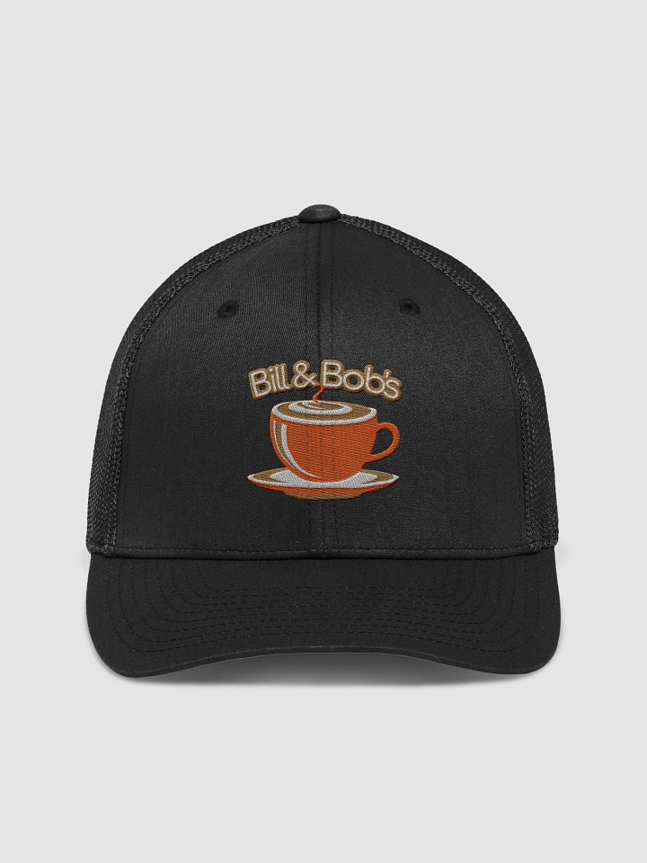 Bill & Bob's Coffee Shop Open 24/7 Trucker Hat, Orange Color Accent product image (1)