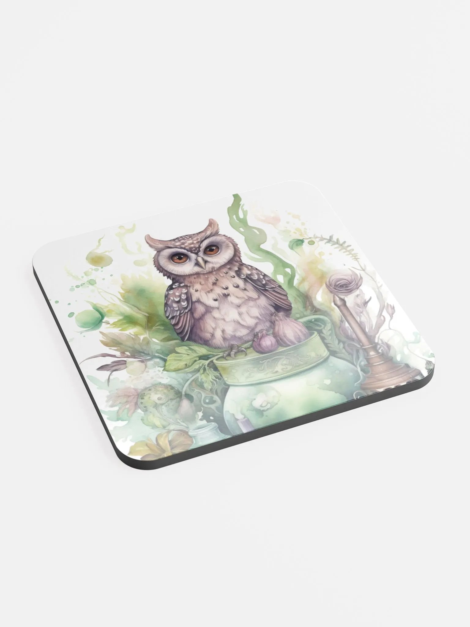 Glossed Cork Coaster 🦉 Peaceful Green Theme - Owls Vibes - Motif 3 product image (2)