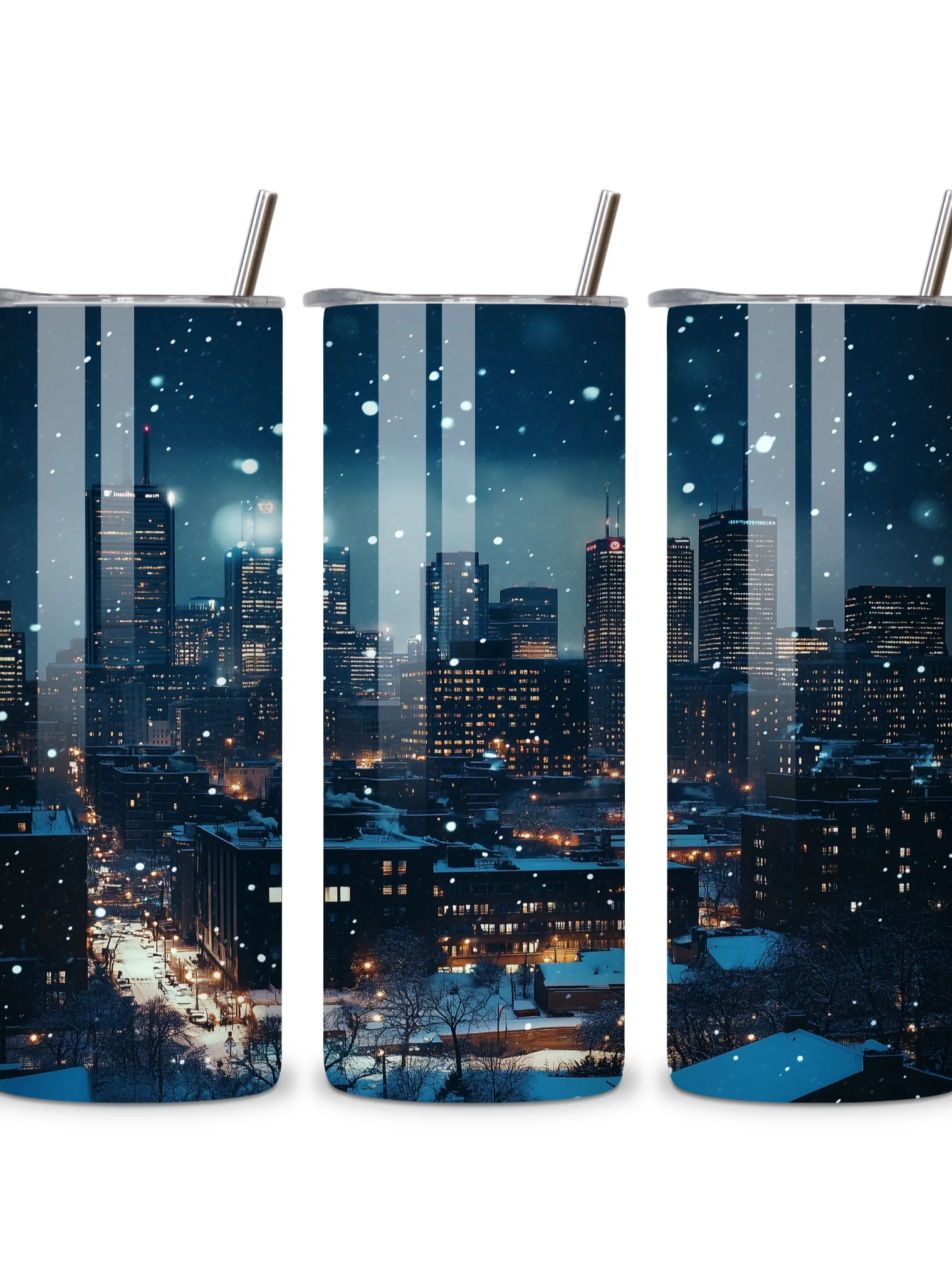 Winter City Skyline 20oz Skinny Tumbler with Metal Straw – Elegant Snowfall and Urban Design – Double-Walled Insulated Stainless Steel Tumbler, Great for City and Winter Lovers product image (4)
