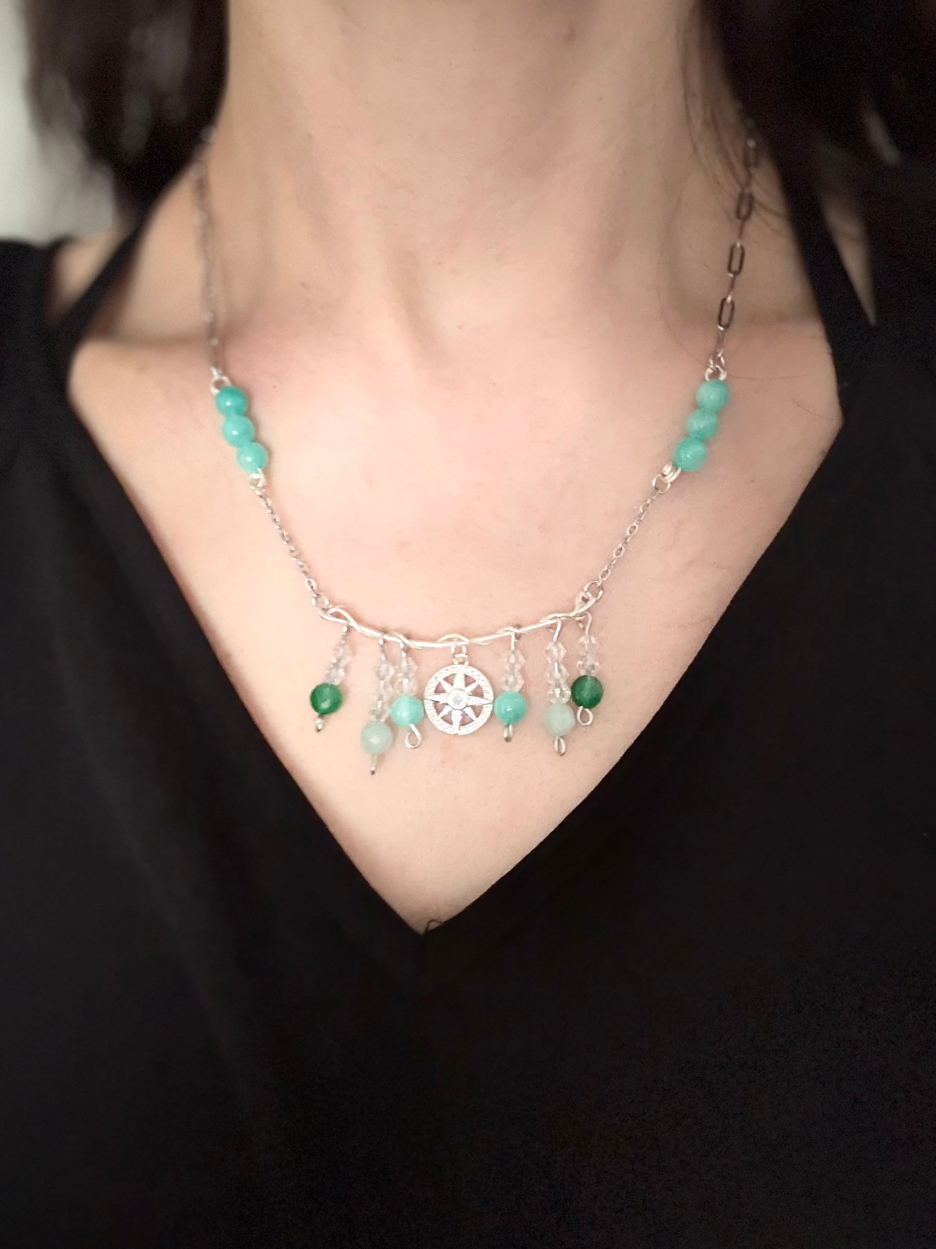 MFD-00307 | MFD-00307 | Aqua & Jade Compass Charm Necklace – Handcrafted Nautical Aqua/Green Statement Jewelry for March Birthdays & St. Patrick’s Day product image (5)
