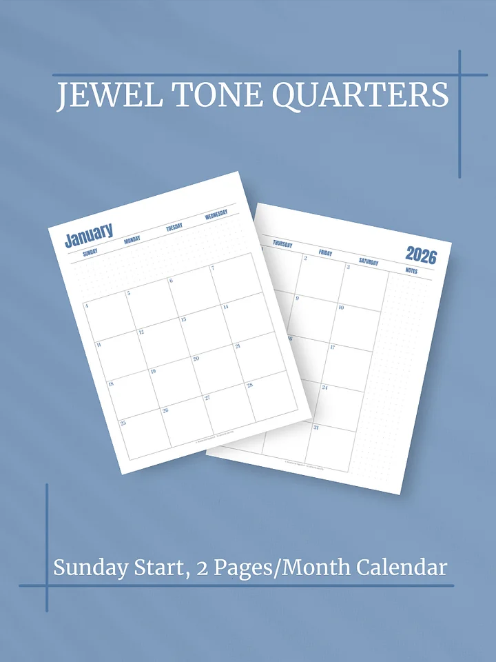 Jewel Tone Quarters 2026 Calendar - 2 Pages per Month, Sunday Start, Letter Size product image (1)