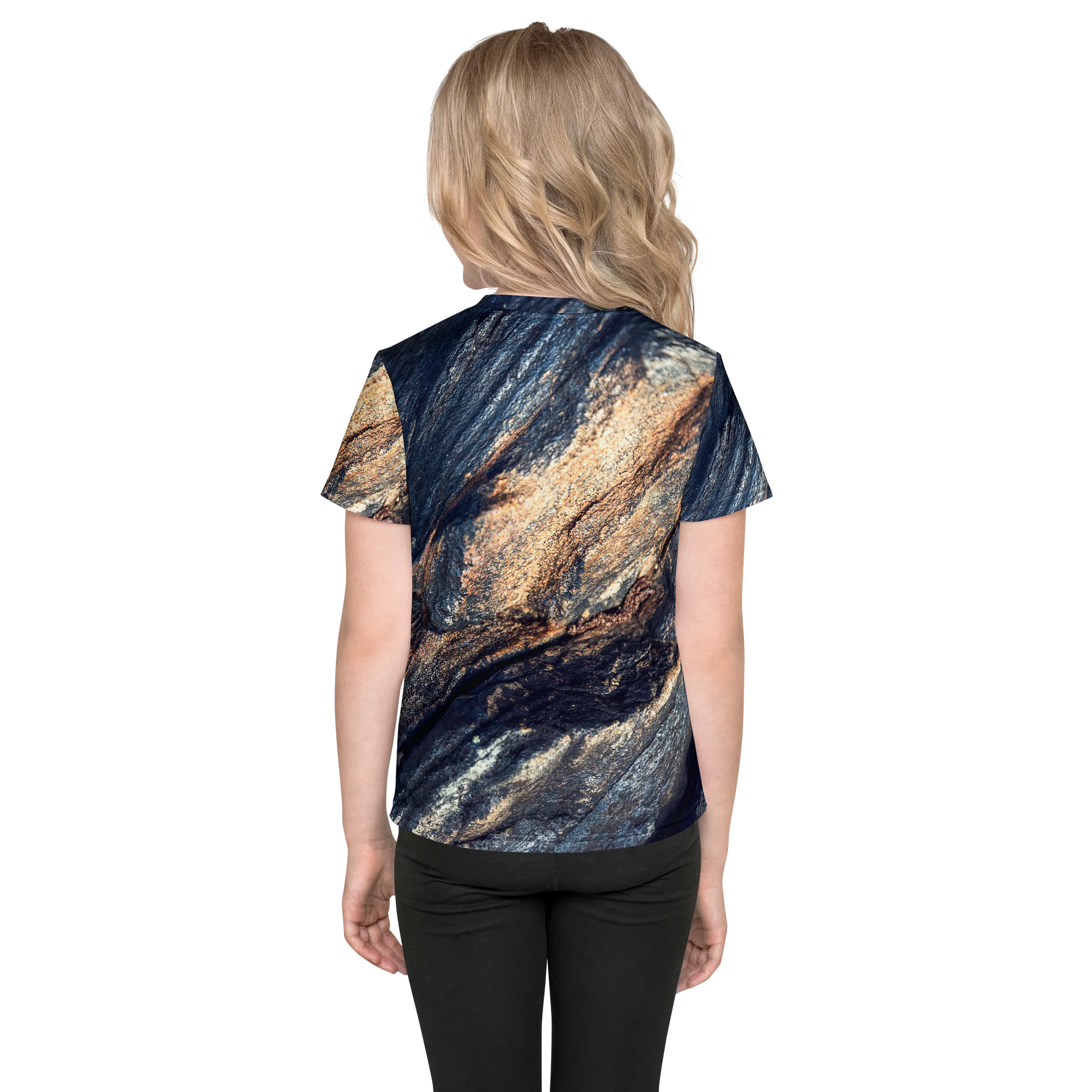 Obsidian Vein: Kids All-Over Print Dark Slate & Gold Crew Neck T-Shirt product image (2)