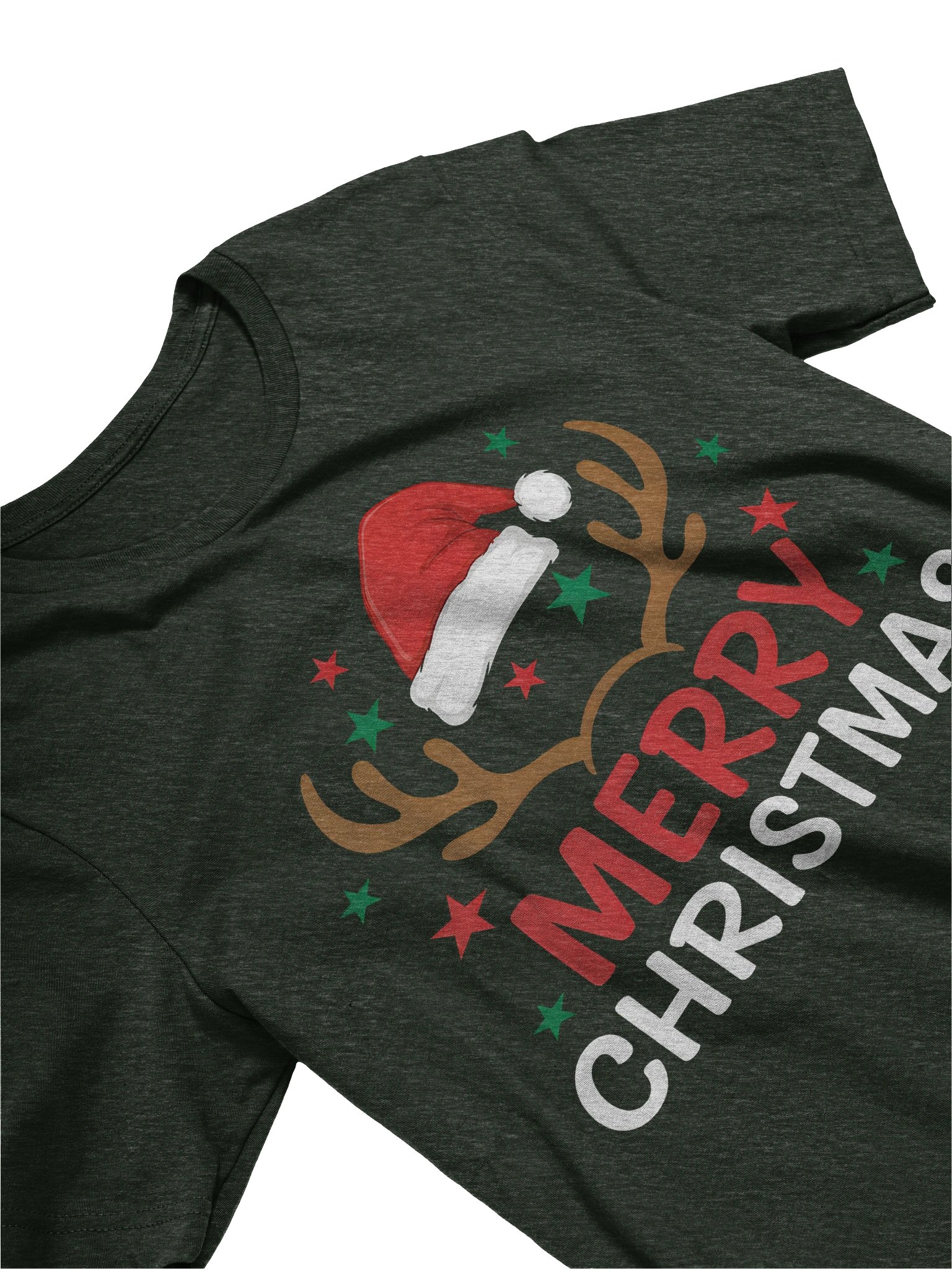 Merry Christmas Reindeer Antlers T-Shirt – Festive Santa Hat Holiday Tee – Cute Red & Green Xmas Stars Shirt product image (15)