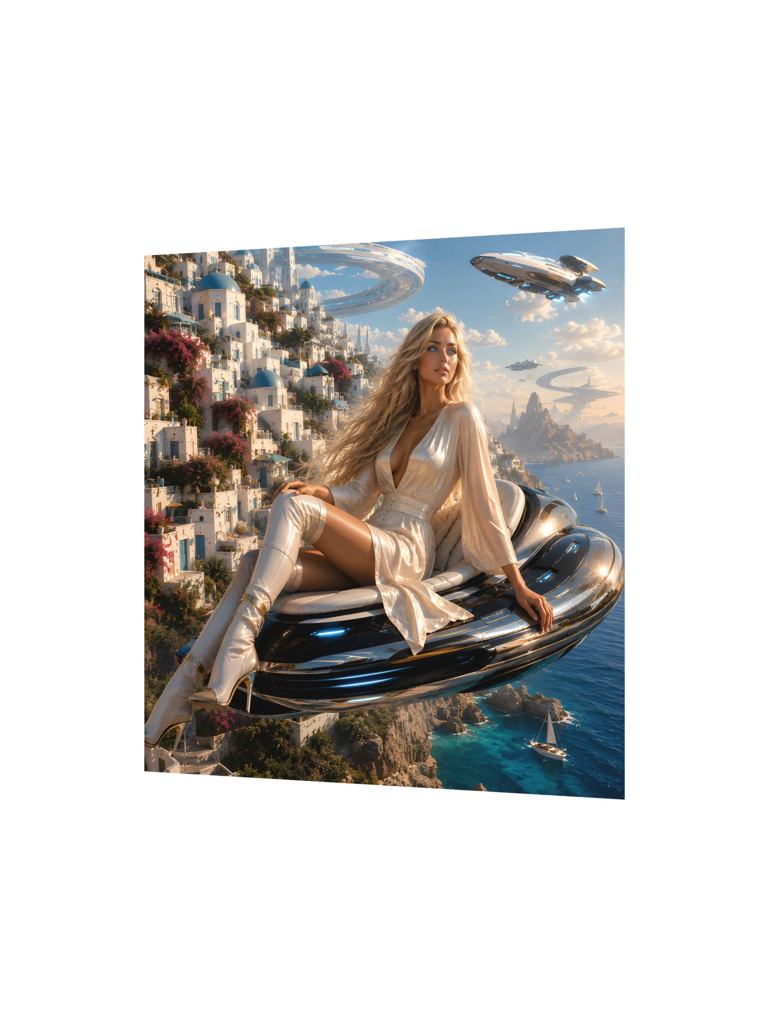 Futuristic Santorini Sci-Fi Poster | Blonde Woman on Hovercraft | Surreal Luxury Wall Art product image (4)