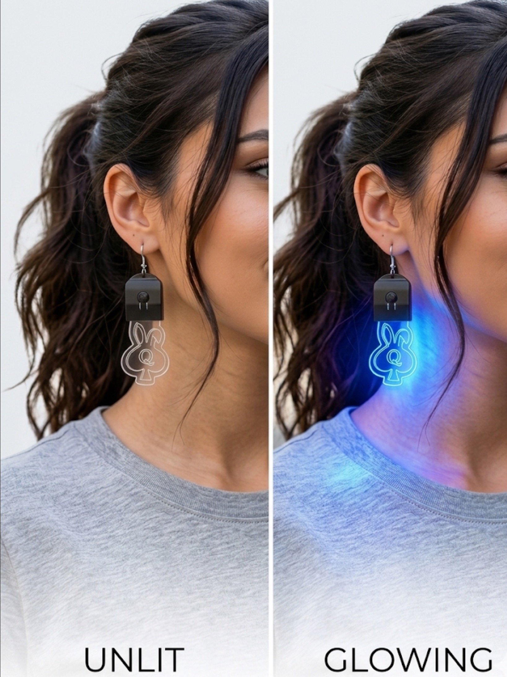 Color Changing Snow Bunny Spade Earrings - Queen of Spades Logo - Neon Rave & Festival Accessories product image (2)
