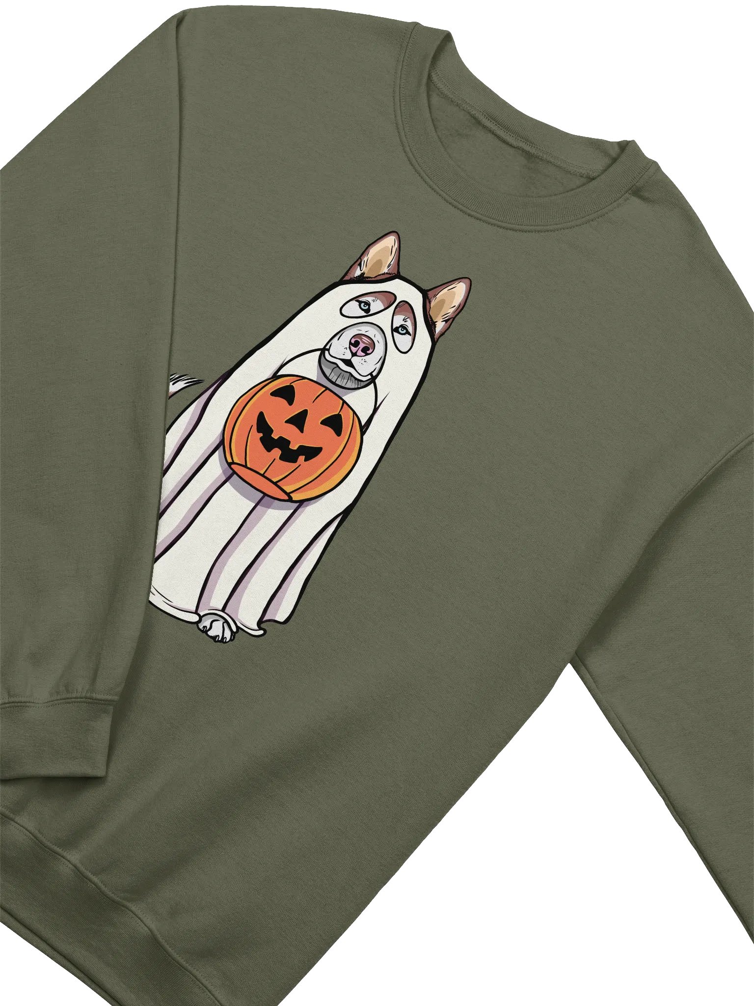 Funny Halloween Siberian Husky(Red) Sweatshirt | Funny Husky Wearing a Ghost Costume and Holding a Pumpkin Basket product image (4)