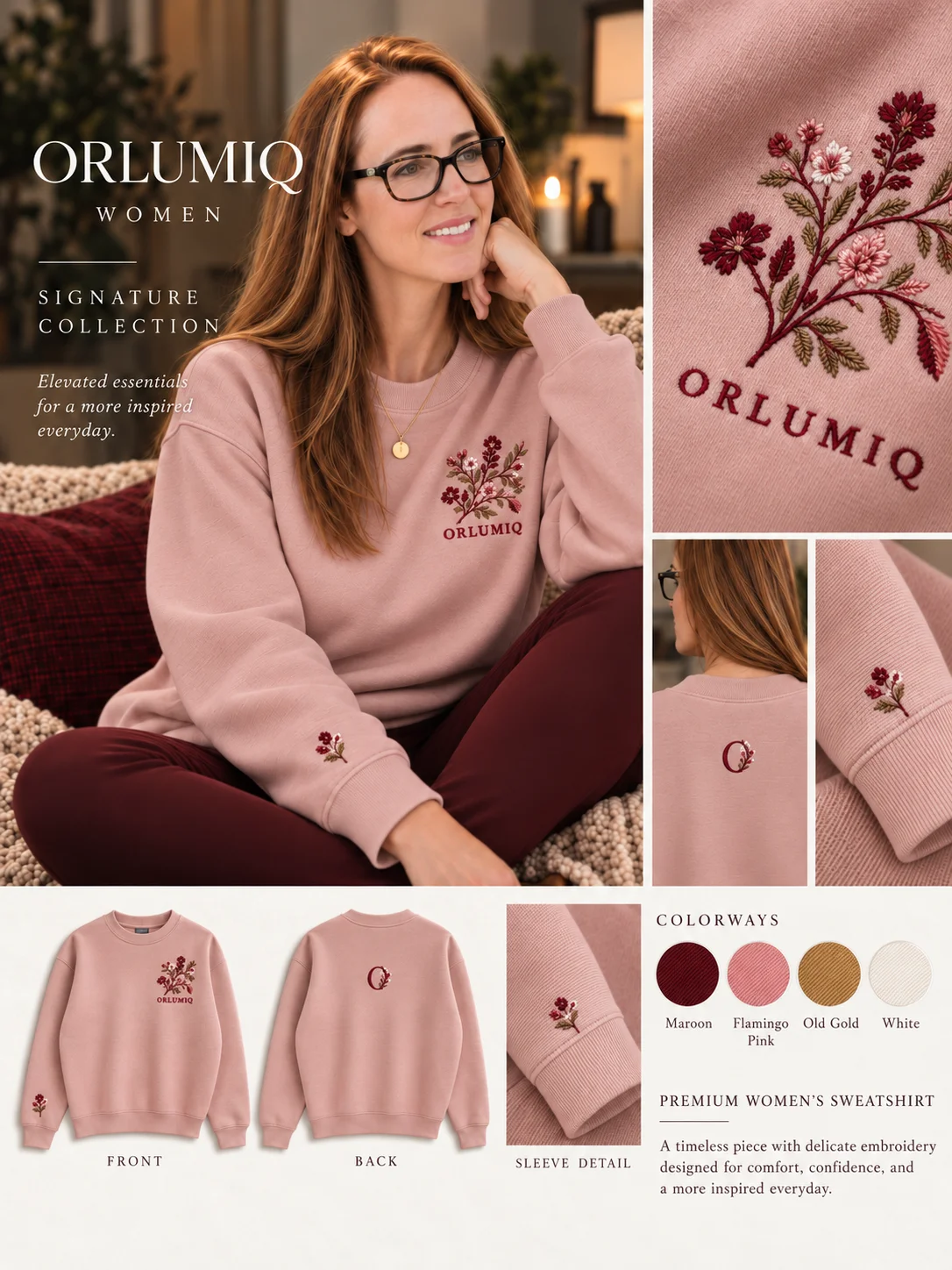 ORLUMIQ Signature Floral Crewneck Sweatshirt – Dusty Rose | Women's Boutique Collection product image (1)