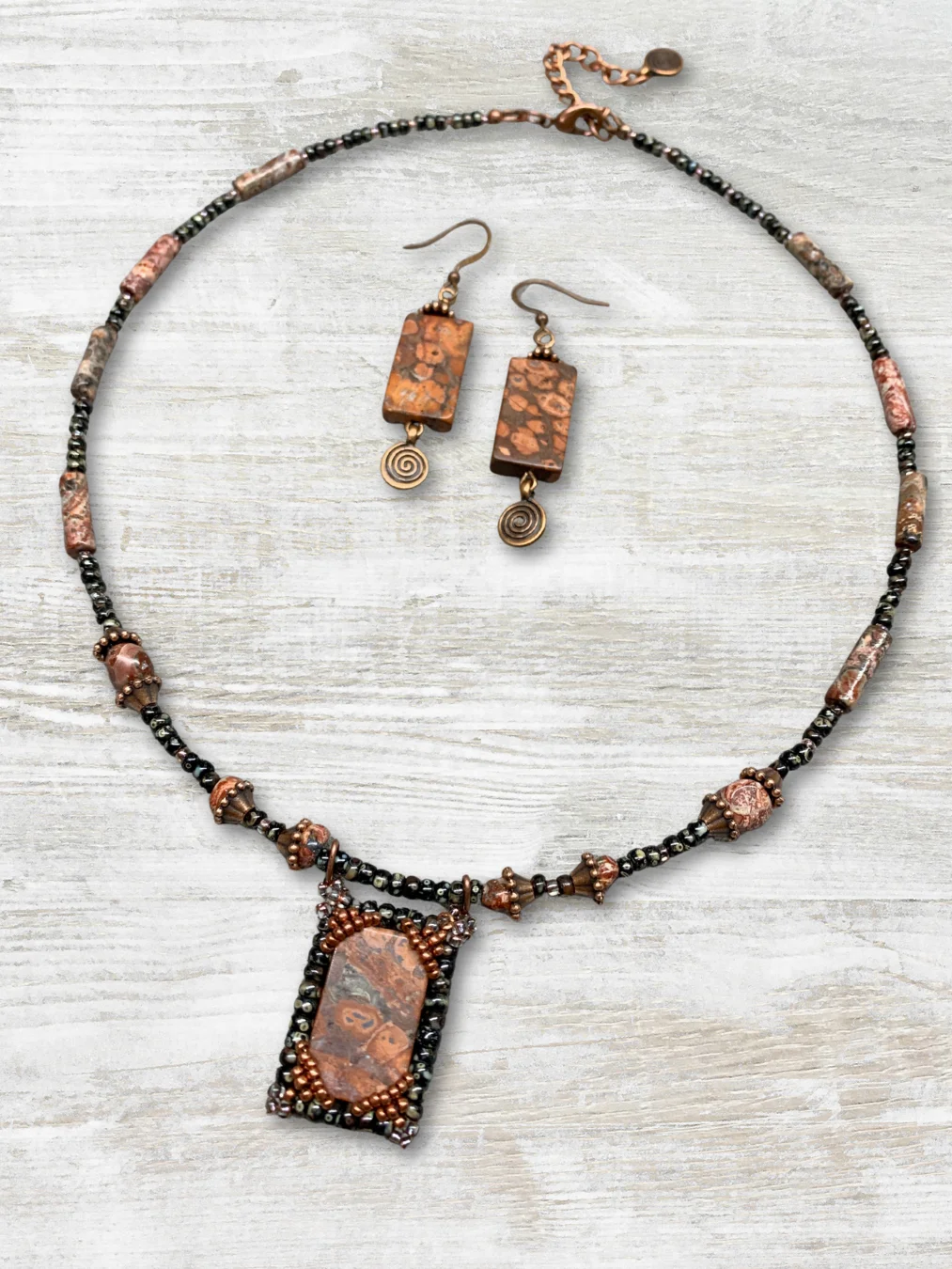 Leopard Print Jasper Red/Black Beaded Pendant Necklace and Earrings product image (3)