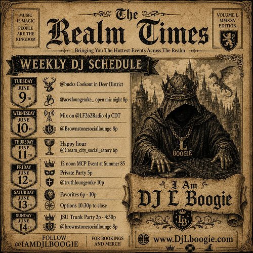 Check me out this week in The Realm💪🏽🎉

Weekly schedule 
Tuesday June 9th - @bucks Cookout in Deer District 
@acezloungemke_ ...