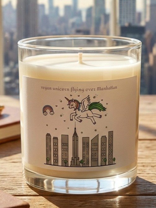 “Vegan Unicorn Flying Over Manhattan” Soy Wax Glass Jar Candle product image (1)