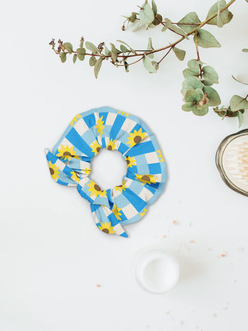 Sunflower Gingham Pattern-Blue Background Scrunchie product image (1)