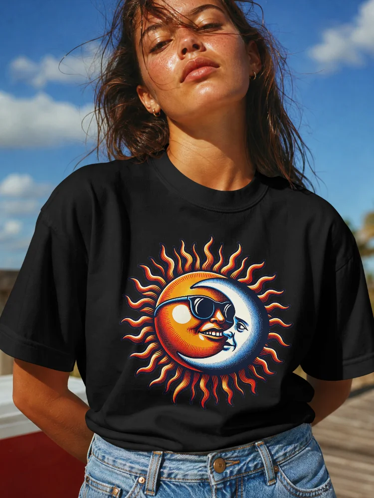 🌞 Sun and Moon Retro Fusion T-Shirt – Cool Cosmic Design with Shades | Groovy Celestial Yin-Yang Tee product image (2)