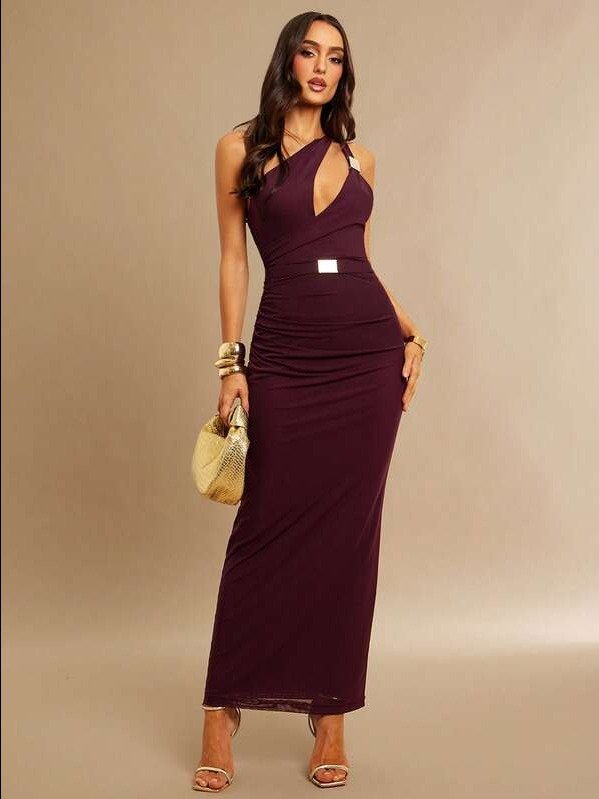 This Elegant Red Spring/Summer Dress Features An Asymmetrical Shoulder Design Adorned With Metal Buckles. The Refined Details At The Waist Add A Touch Of Sophistication, product image (1)