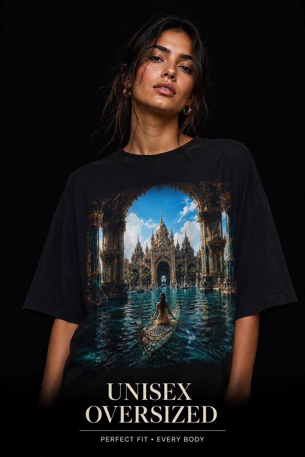 Fantasy Venetian Waterway T-Shirt | Gothic Palace & Crystal Boat | Unisex Oversized product image (1)
