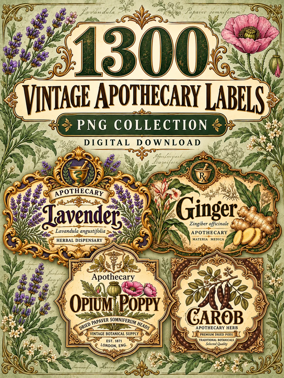 1300 Vintage Botanical Apothecary Labels, Printable Herb Jar PNG Bundle, Victorian Pharmacy Clipart, Junk Journal Ephemera Designs product image (4)