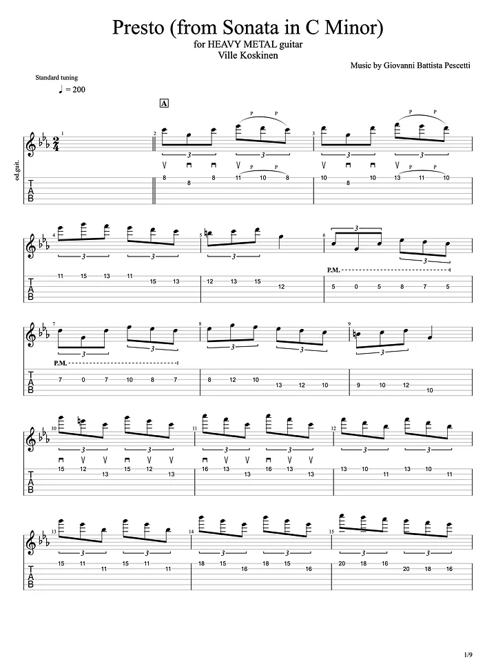 Pescetti - Presto, arranged for metal guitar (Tabs & backing track) product image (1)