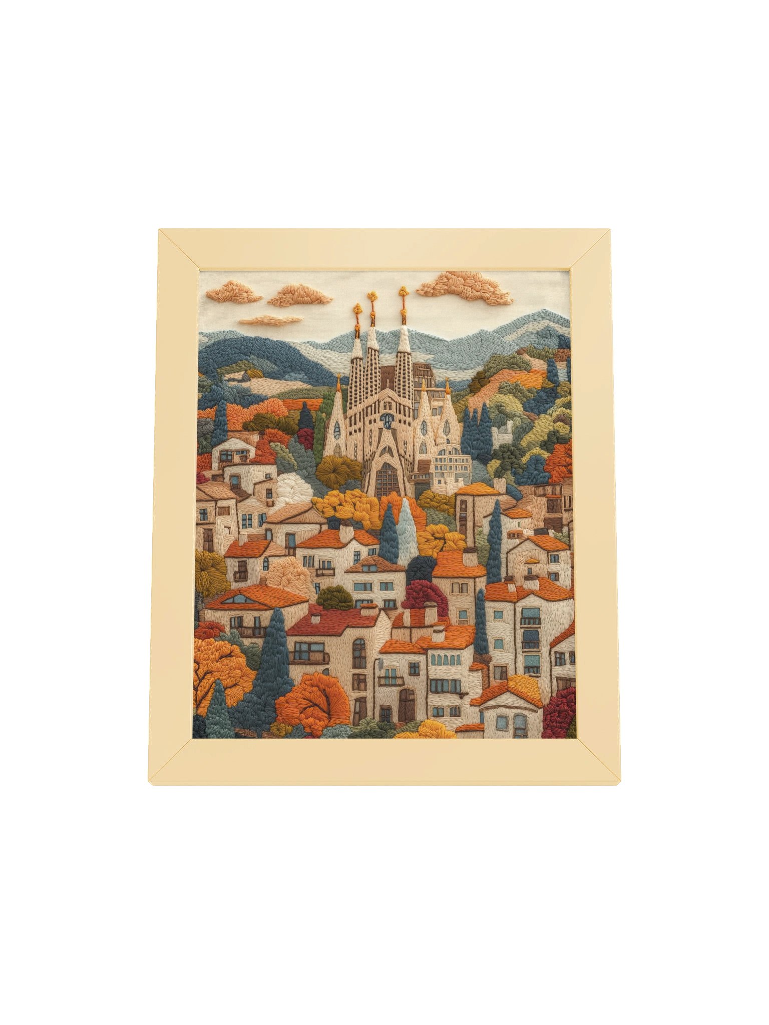 Barcelona in Stitches | Embroidery-Style Wall Art — Framed Print product image (22)
