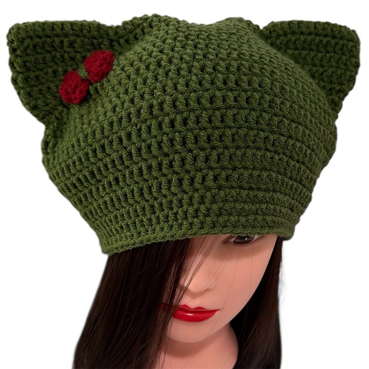 Winter Crochet Custom Cat Ear Beanie Dark Olive Green with Red bow - for kids 6-12 yo. product image (2)