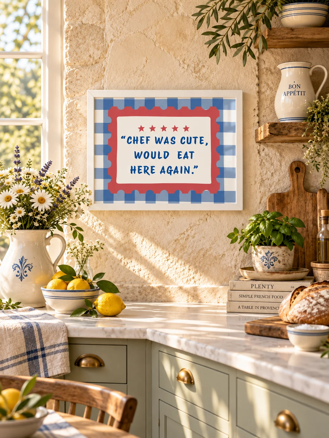 Chef Was Cute Printable Kitchen Wall Art | Funny Restaurant Review Quote | Retro Gingham Poster | Blue Red Dining Decor | Digital Download product image (3)