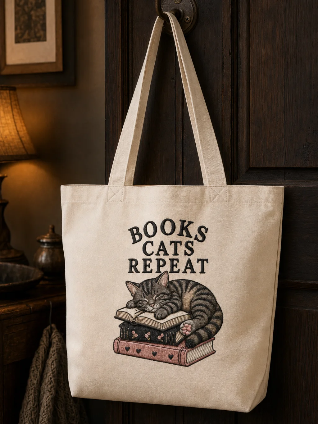Books Cats Repeat Organic Cotton Tote Bag | Cat Book Lover Gift product image (1)