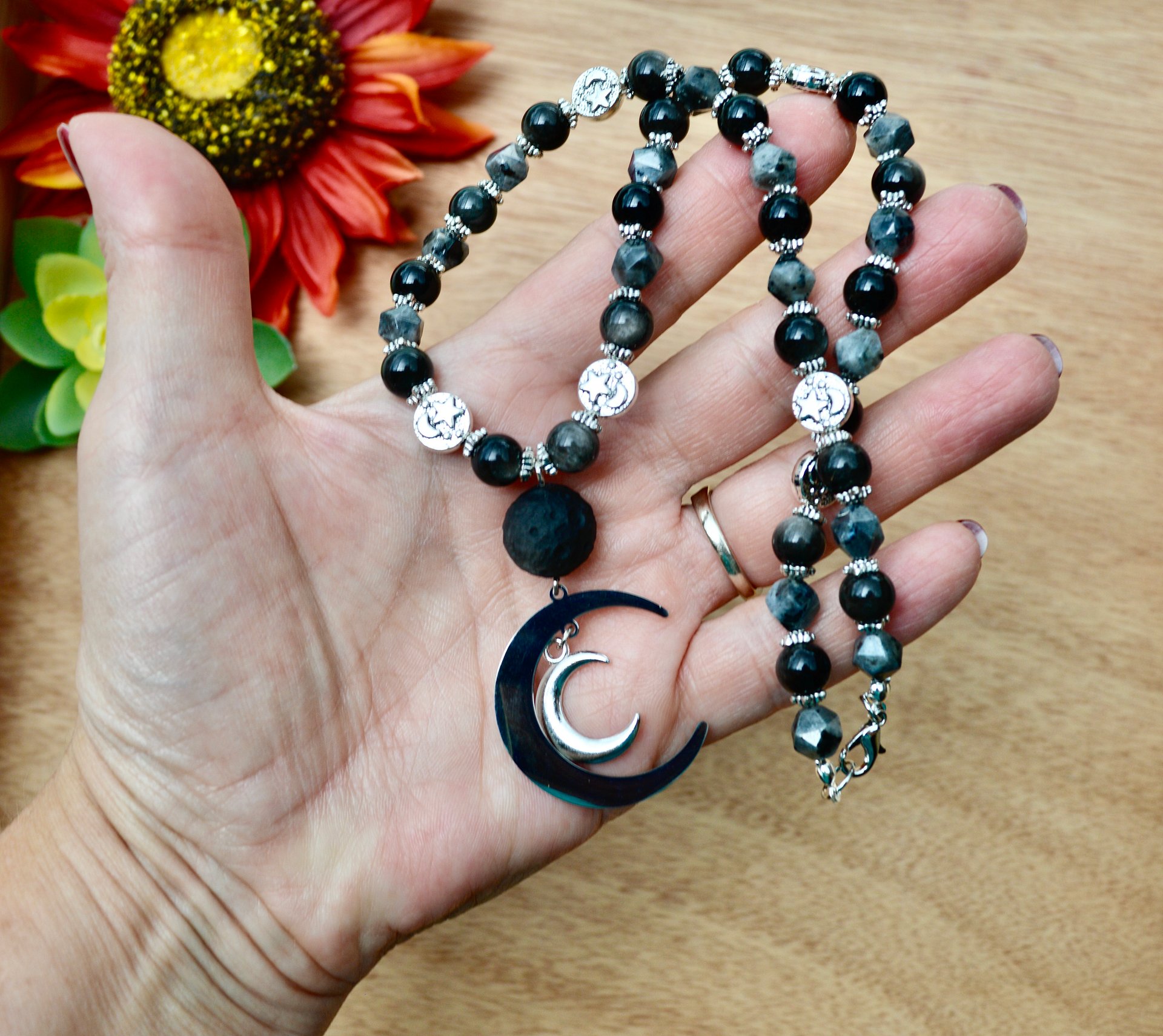 Obsidian Moon Beaded Pendant Necklace With Larvikite Gemstones and Silver Beads product image (3)