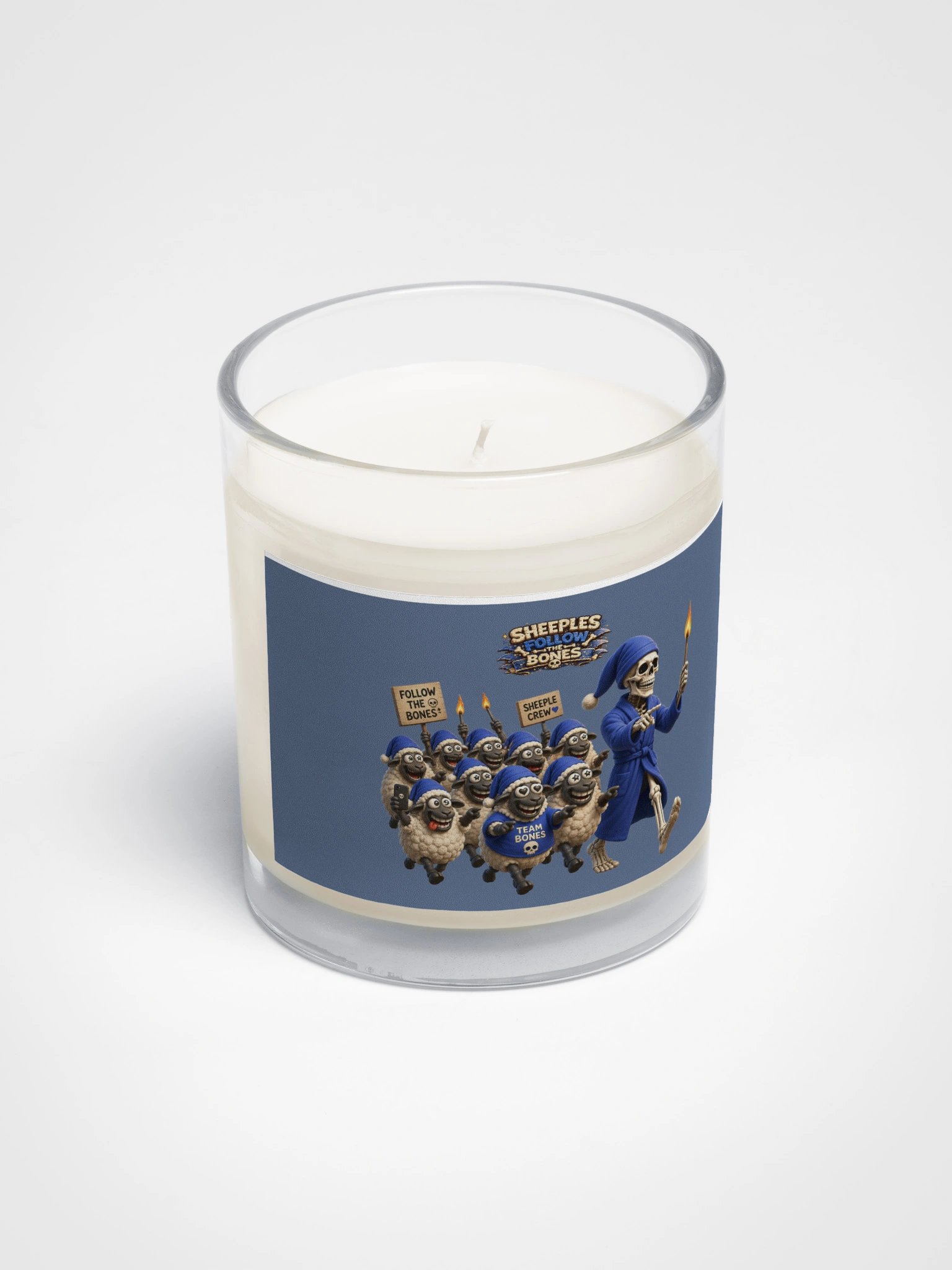 ''Sheeples Follow The Bones' Soy Wax Candle In A Clear Glass Jar product image (3)