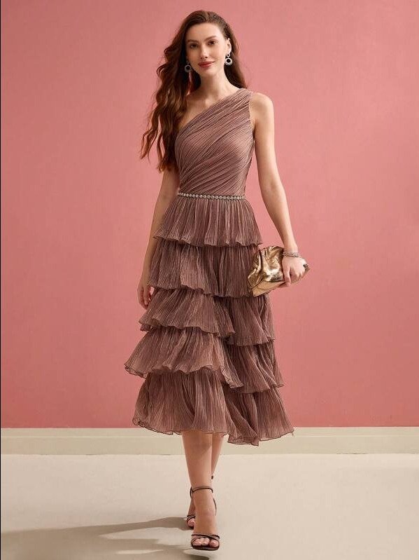 MOTF PREMIUM SOLID PLISSE ONE SHOULDER LAYERED RUFFLE HEM MIDI DRESS WITHOUT BELT product image (2)