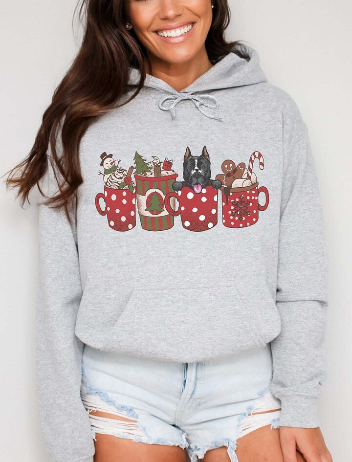 Cute Staffordshire Terrier in a Christmas Cup Hooded Sweatshirt | Funny Christmas Pup in a Cup product image (21)