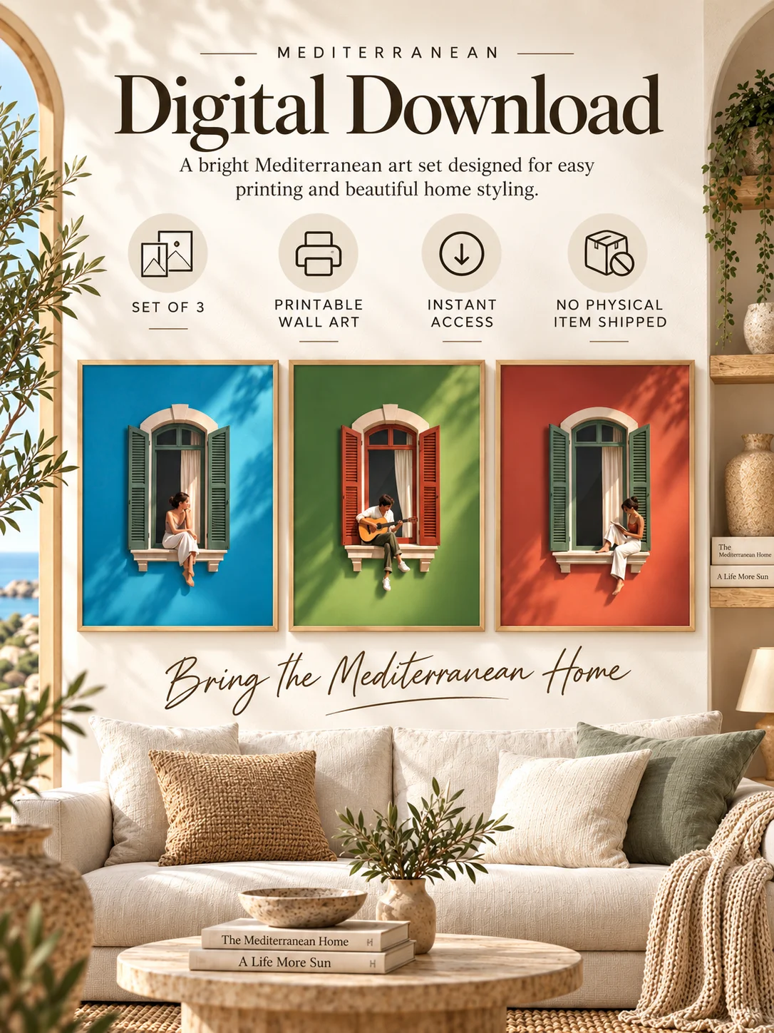 Mediterranean Window Wall Art Set of 3, Colorful Figurative Prints, Italian Coastal Decor, Sunlit Woman Guitar Printable product image (8)