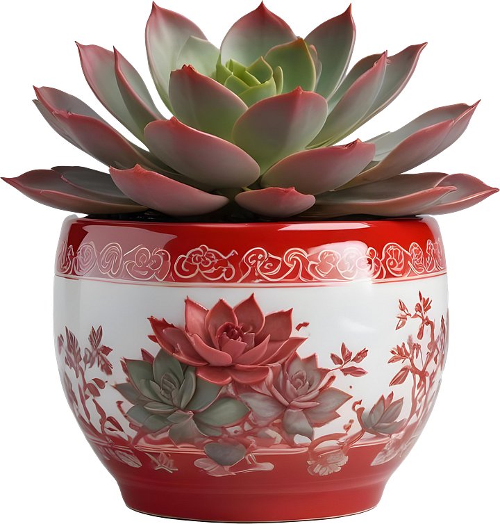 Chinese Porcelain Pot with Succulent – Red and White Floral Design PNG product image (1)