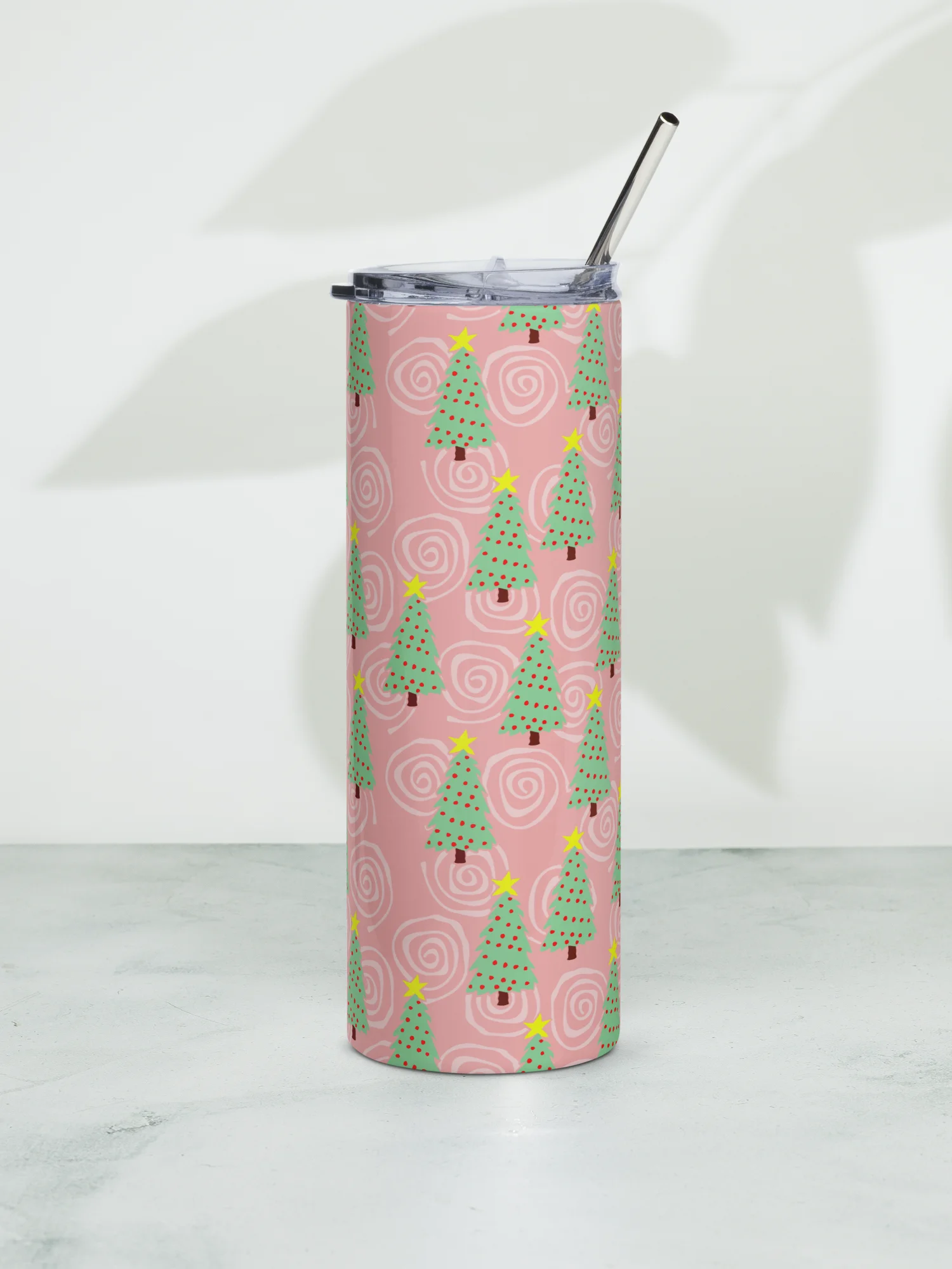 Green Christmas Trees on Pink Spirals Stainless Steel Tumbler with Straw product image (6)