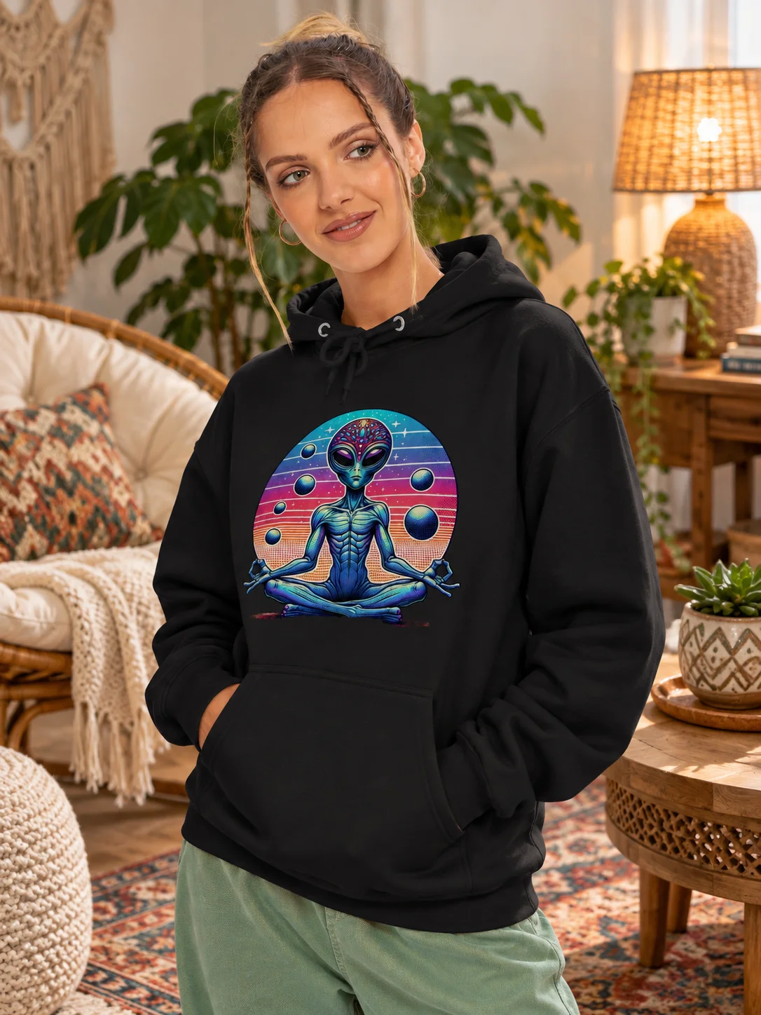 👽✨ Zen Alien Goddess Hoodie – Meditating Extraterrestrial in Cosmic Colors | Boho Space Vibes product image (1)