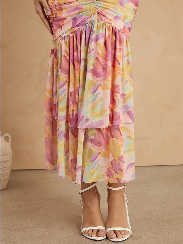 Orange Floral Backless Ruched Mermaid Midi Dress | ADLEST product image (4)