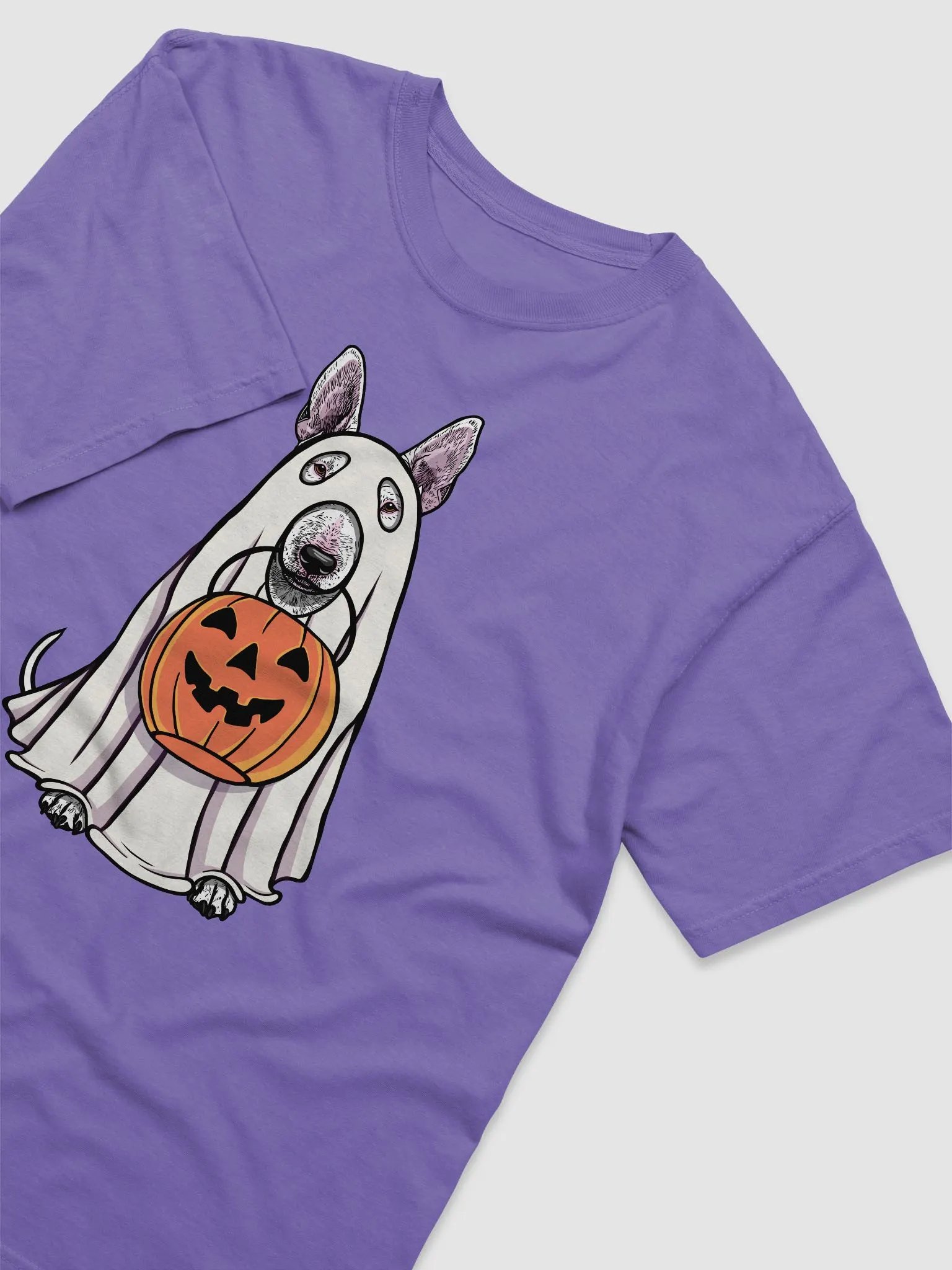 Funny Halloween Bull Terrier T-Shirt | Funny Dog Wearing a Ghost Costume and Holding a Pumpkin Basket product image (6)