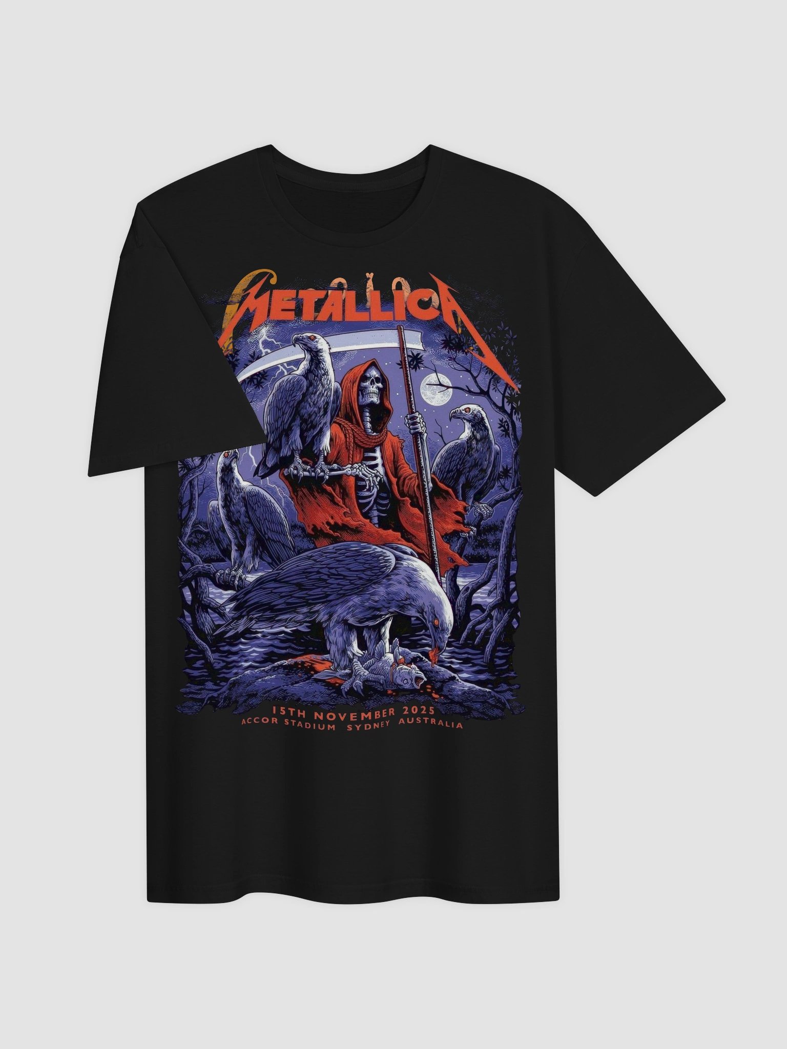 Metallica T-Shirt Grim Reaper Scythe | M72 World Tour Sydney 2025 Dark Art Graphic Tee | Heavy Metal Skull Vulture Concert Shirt product image (3)