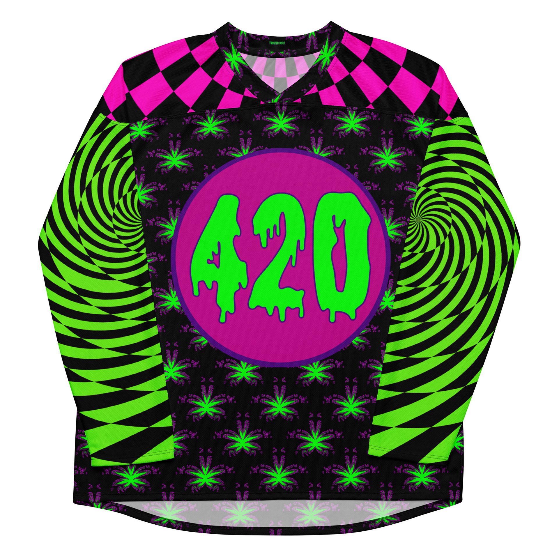 Twisted 420 Weed Rave Hockey Jersey, Psychedelic Spiral EDM Festival Shirt, Pot Leaf Trippy Techno Top, Neon Green Pink Cannabis Clothing product image (1)