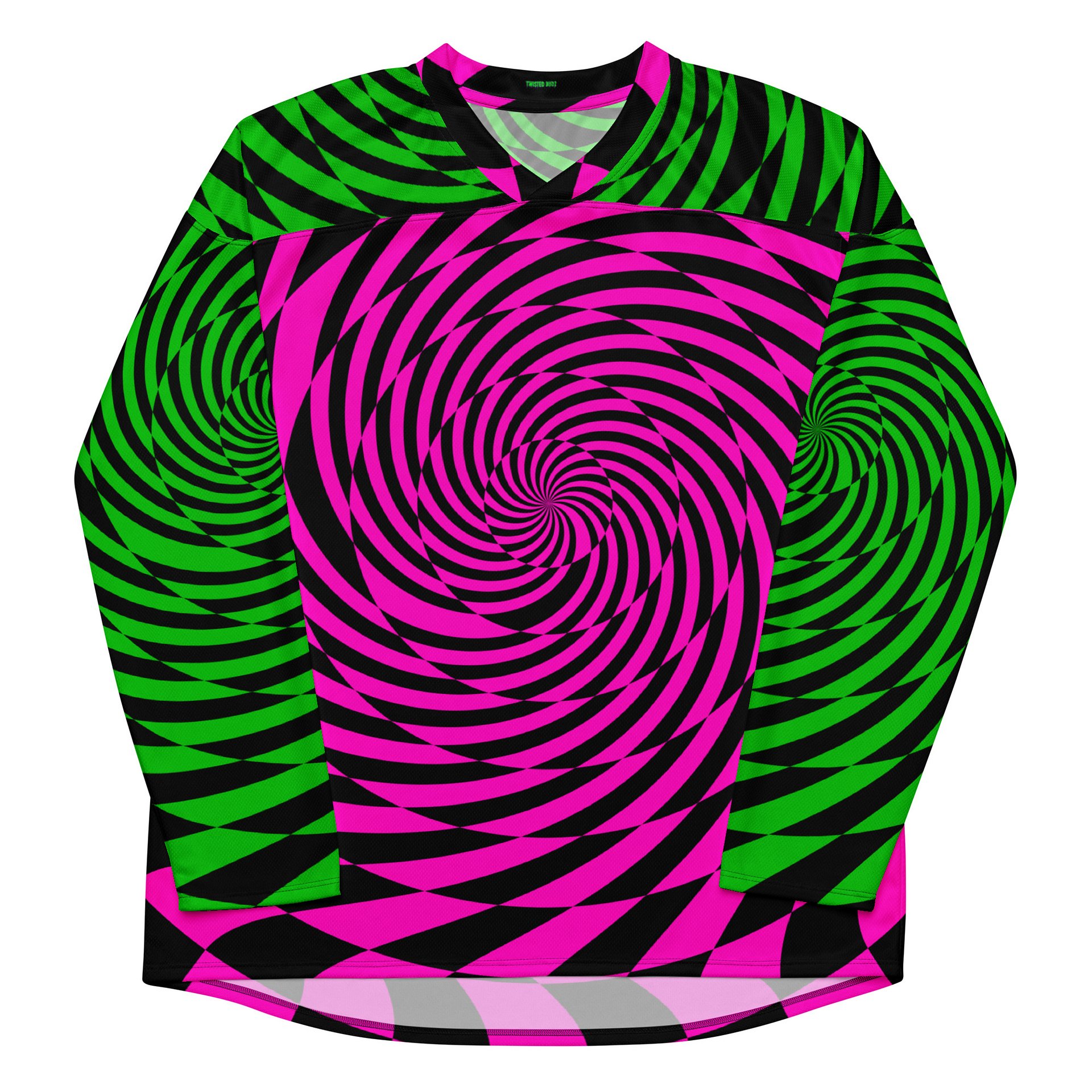 Trippy Rave Hockey Jersey, Psychedelic Spirals EDM Shirt, Fun Swirl Festival Wear, Retro Raver Fashion, Neon Pink Green Checkers Clothes product image (7)