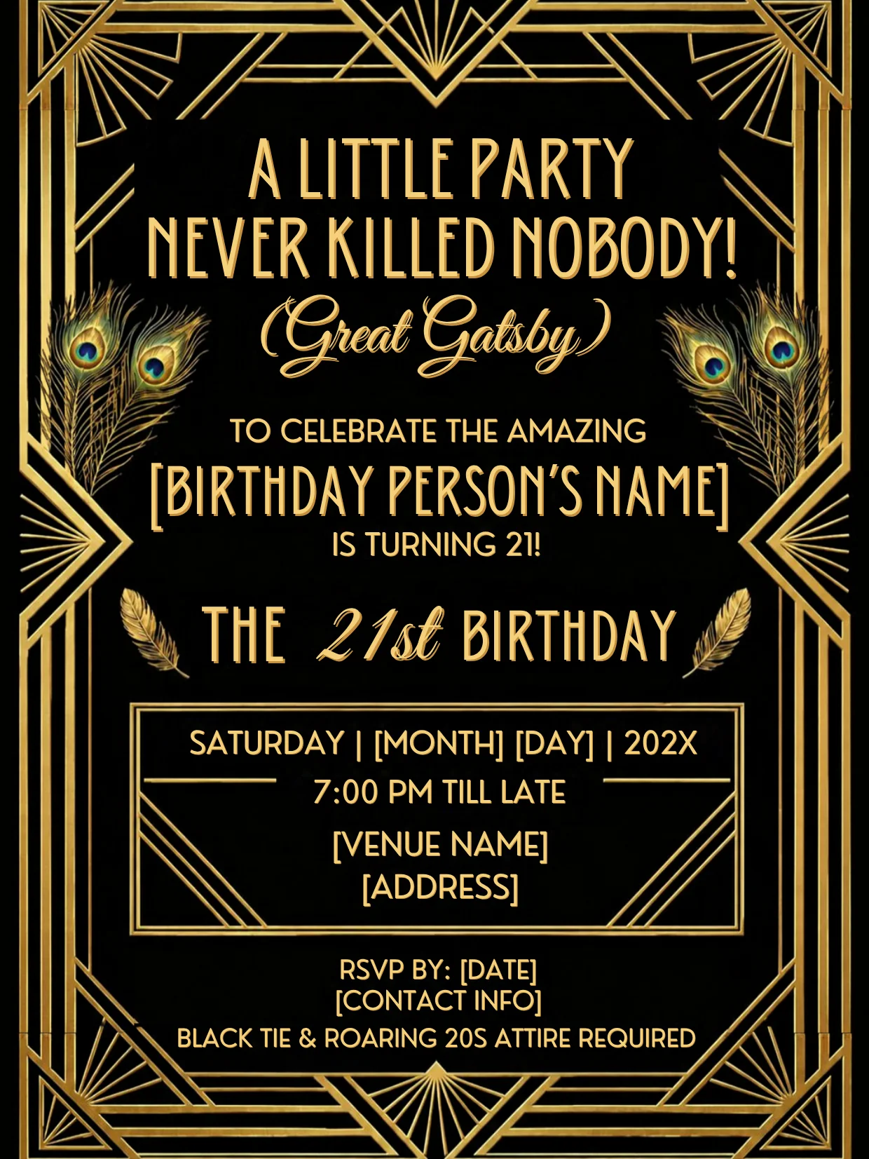 21st Birthday Invitation Template, Editable Gatsby Milestone Invite, Printable Art Deco Party, Canva Instant Download Digital product image (2)