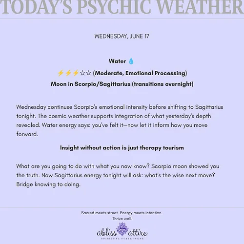 WEDNESDAY, JUNE 17
Water 💧
⚡⚡⚡☆☆ (Moderate, Emotional Processing)
Moon in Scorpio/Sagittarius (transitions overnight)

Wednes...