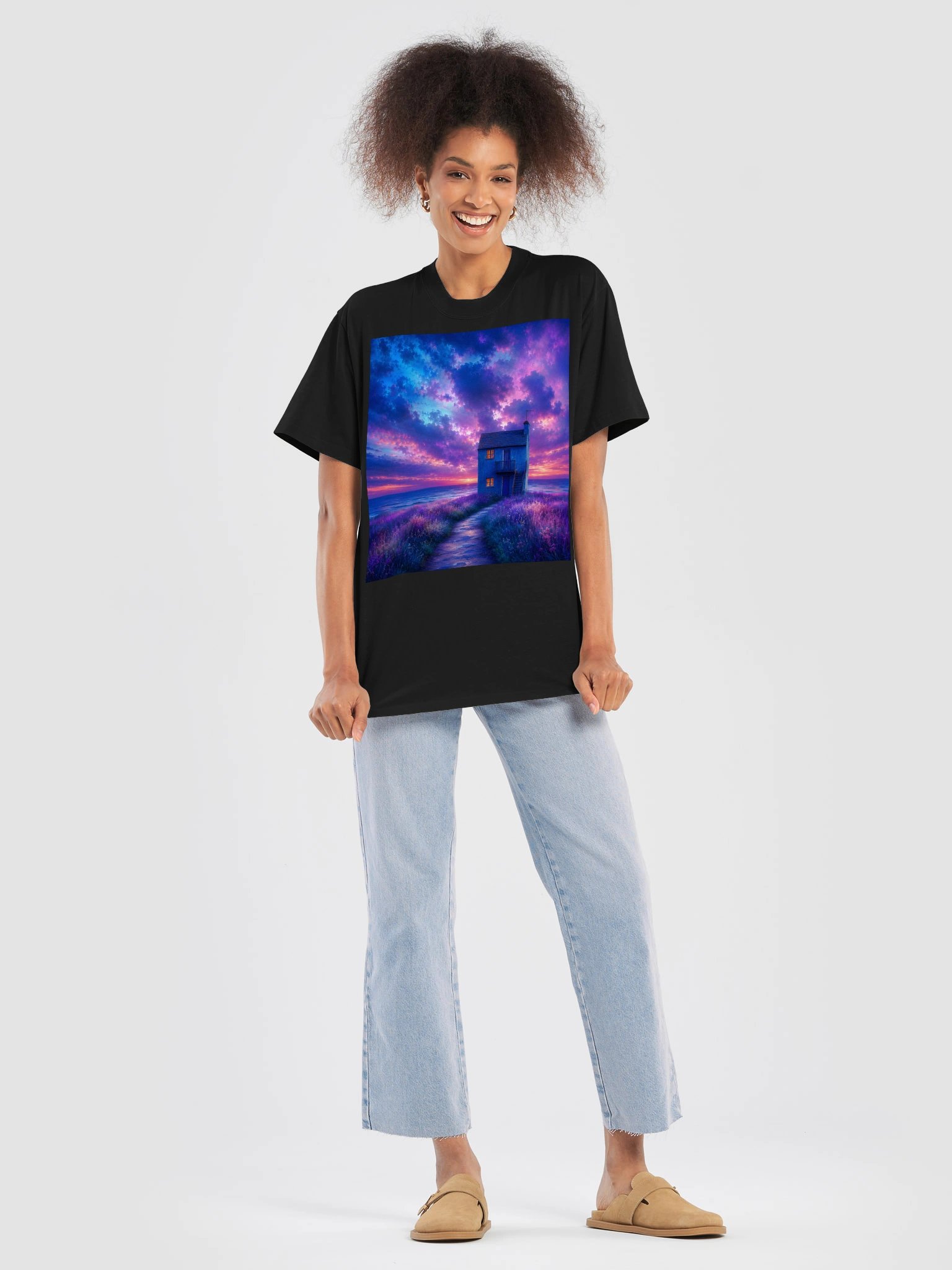 Mystical Ocean Sunset Cottage T-Shirt | Purple Blue Coastal Dreamscape Shirt product image (8)