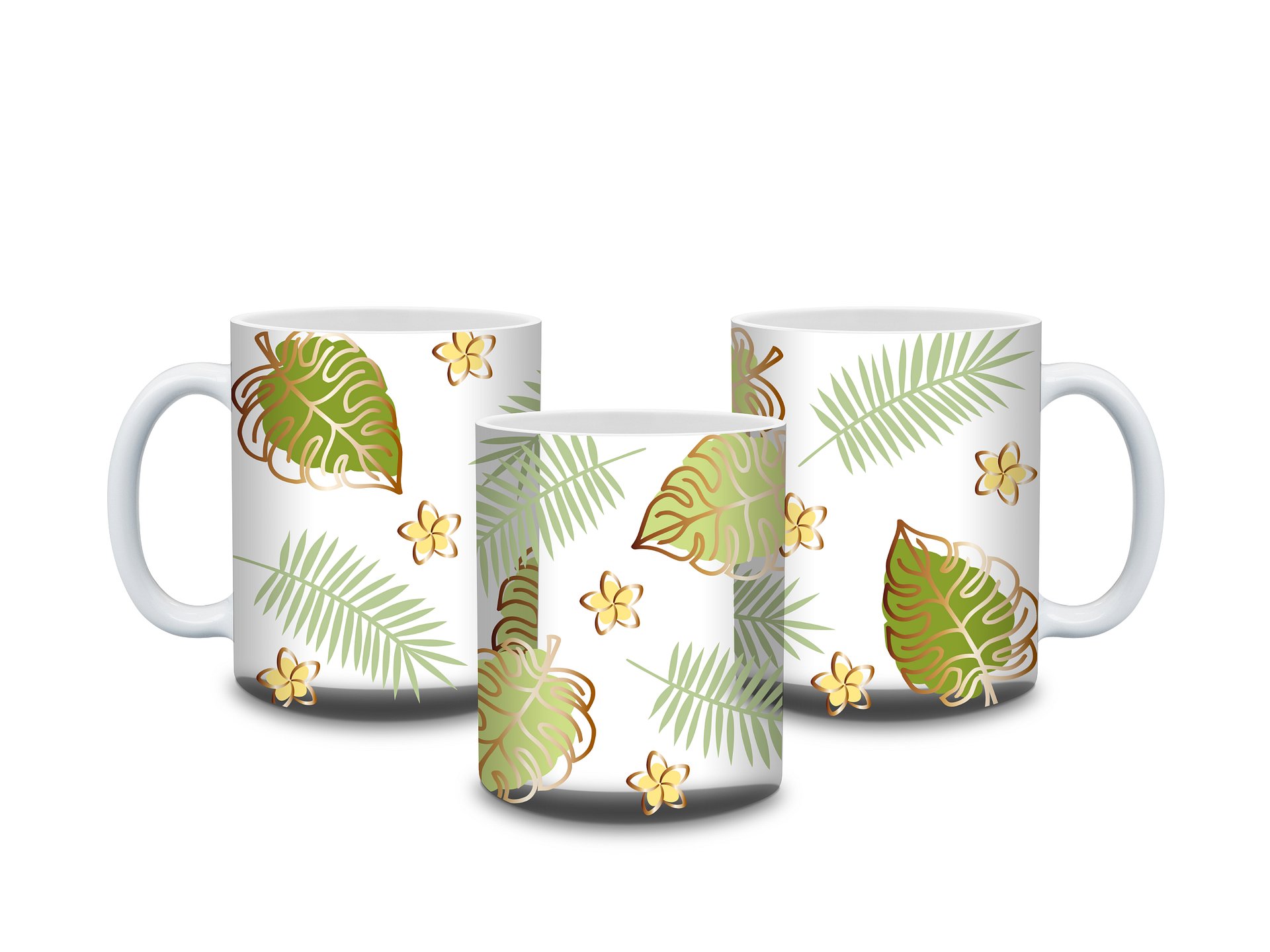 (Gold Border) Tropical Leaves and Flowers 11oz Coffee Mug – Nature-Inspired Ceramic Cup with Monstera and Floral Design – Perfect Gift for Plant Lovers product image (4)