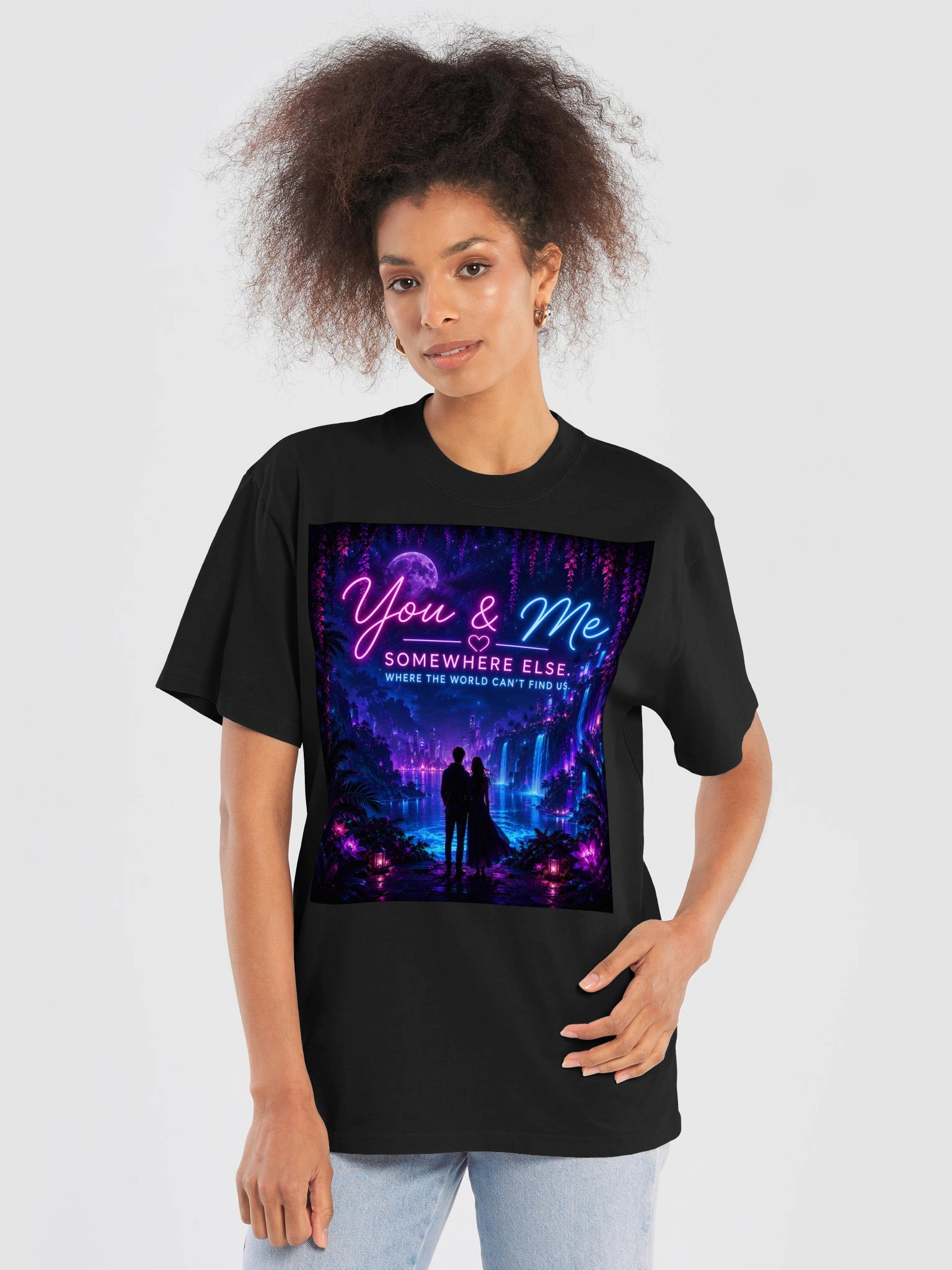 You & Me Against the World Neon Cyberpunk Love Poster, Romantic Couple Fantasy Wall Art product image (6)