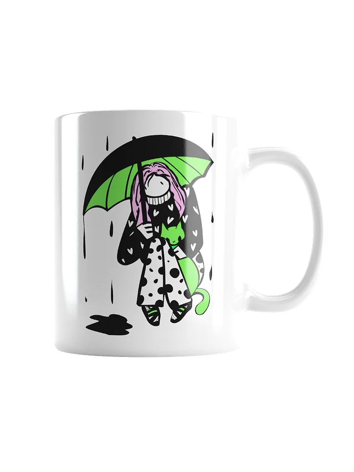 Mug: Girl with cat in rain series: green, pink, black and white product image (2)