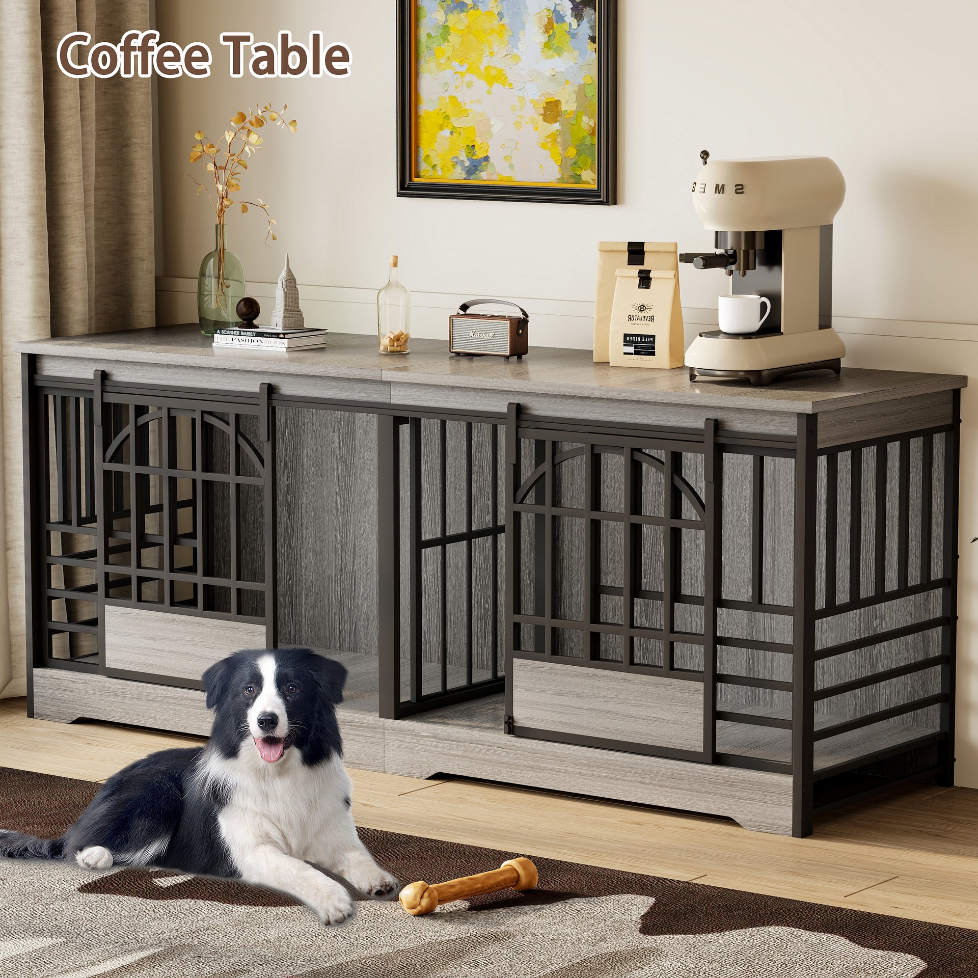 78 Inch Double Dog Crate Furniture, Extra Large Dog Kennel Indoor with Divider, Heavy Duty Dog Cage for 2 Dogs, Decorative Wooden Dog House Decorative Table TV Stand, Pet House for XLarge Dogs,Grey product image (9)