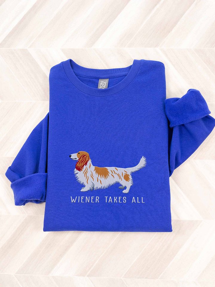 Wiener Takes All Sweatshirt (Embroidered) of a Longhaired Dachshund(Pied Brown & White) product image (1)
