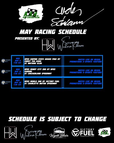 Official Schedule for May! Yes this to know when my next races are coming up also visit my new built website AidenSchrammRaci...