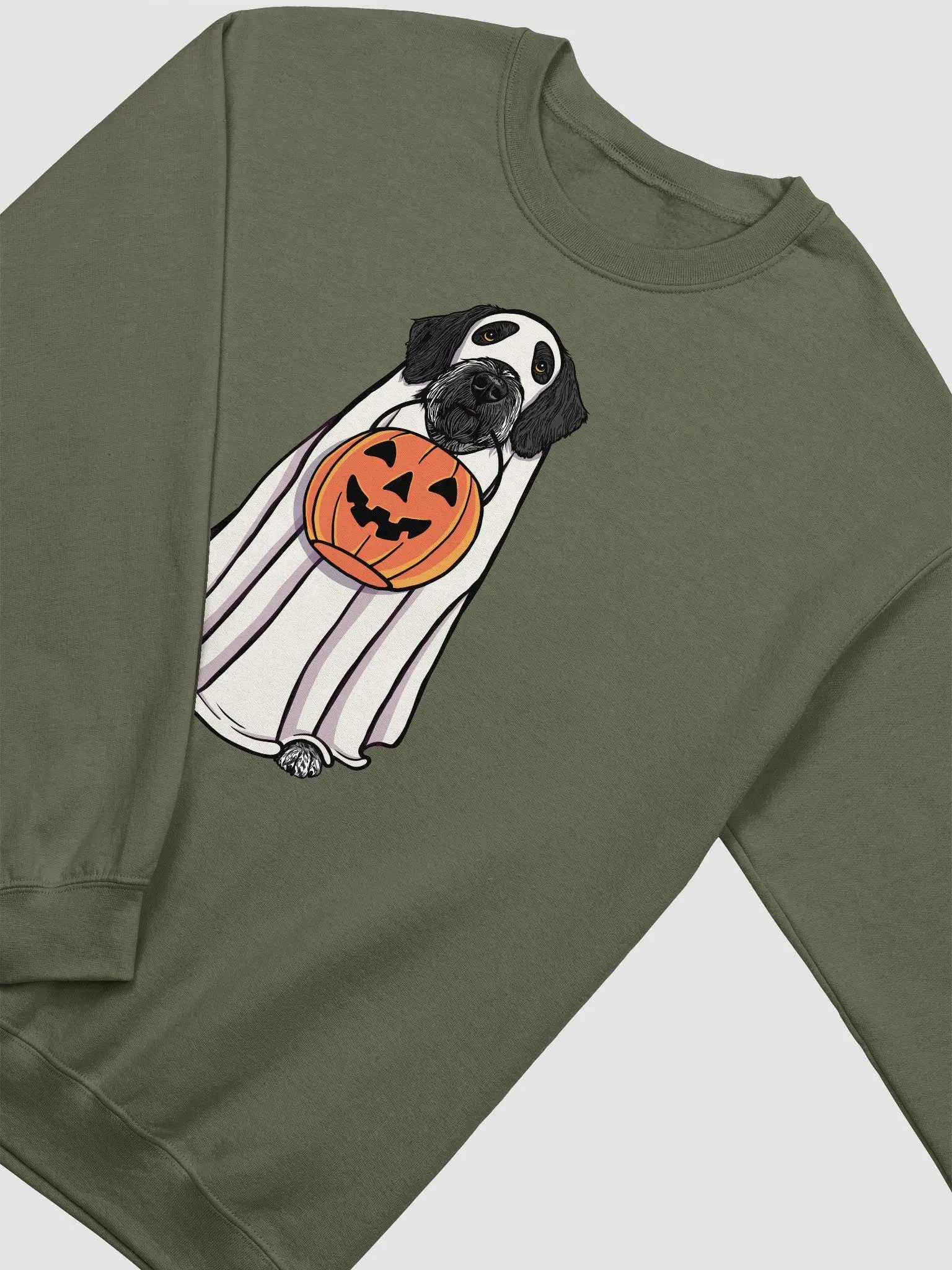 Funny Halloween German Wirehaired Pointer(Black) Sweatshirt | Funny Dog Wearing a Ghost Costume and Holding a Pumpkin Basket product image (4)