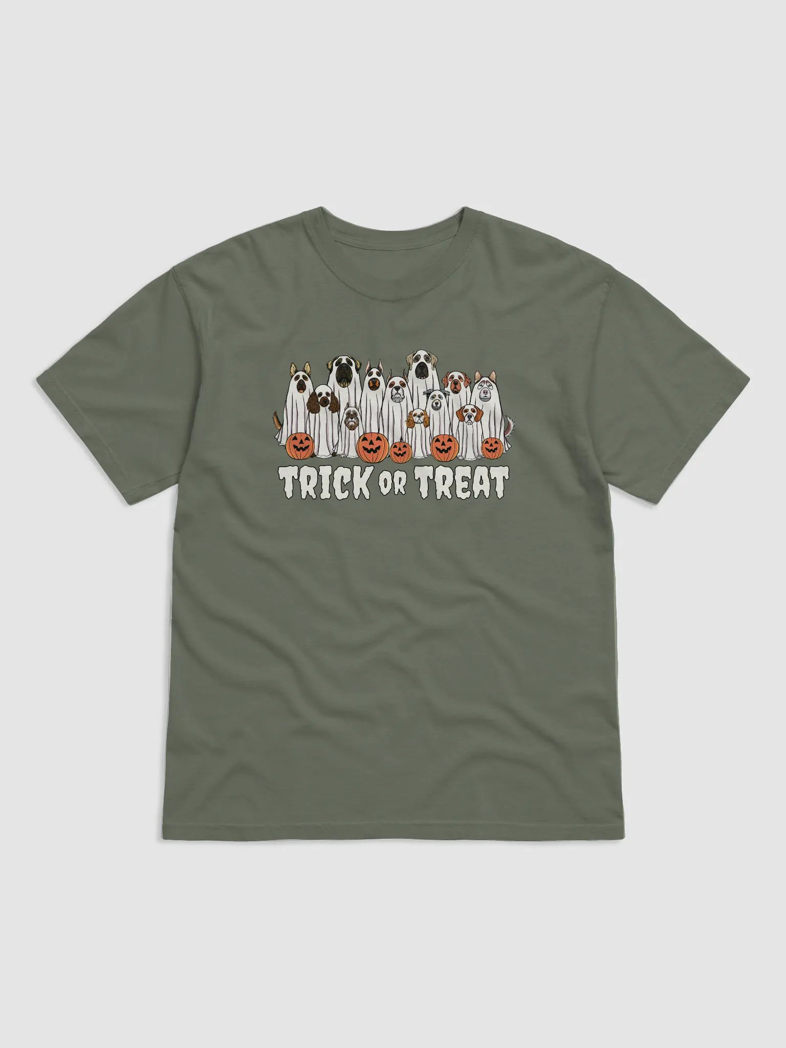 Trick or Treat Funny Halloween Dogs T-Shirt | Funny Dogs Wearing Ghost Costumes and Holding Pumpkin Baskets product image (1)
