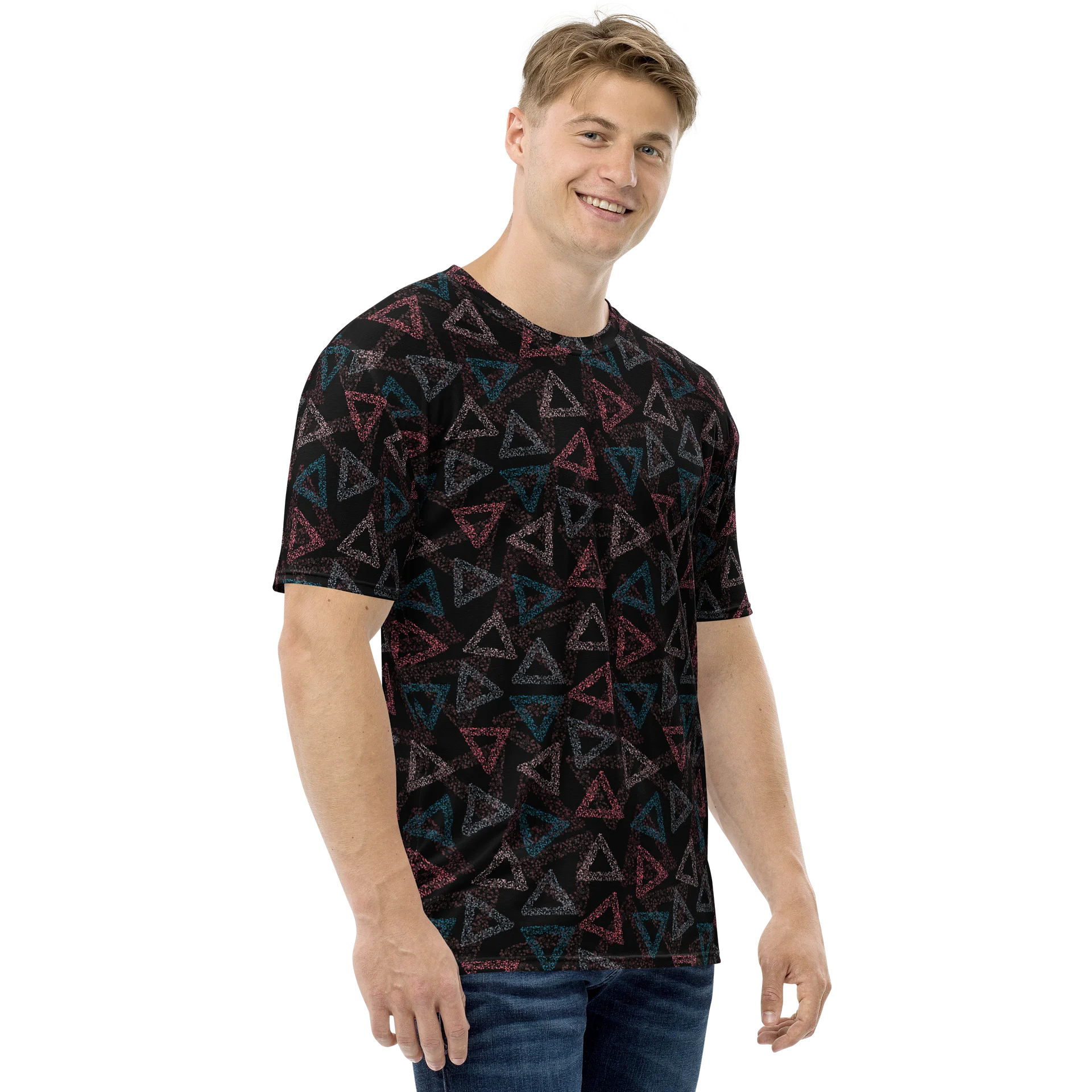 Vibrant Crew Neck T-Shirt with Colorful Rainbow Triangles product image (4)
